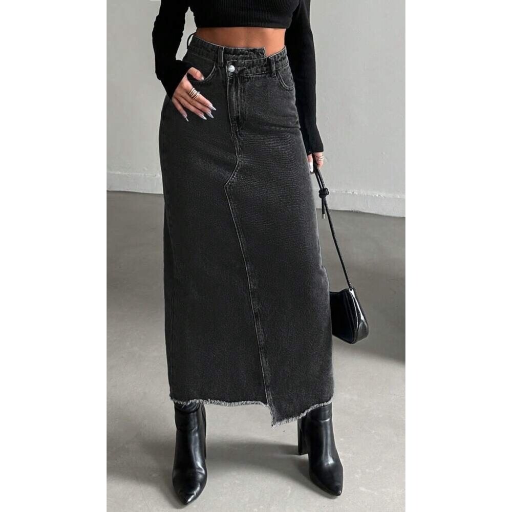 Women's Black Denim Maxi Skirt High Waist Frayed Asymmetrical Hem 90s Grunge S